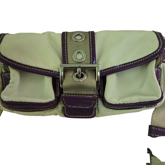 Prada Vintage Tessuto Beige Cloth Rare Purple Patent Leather Trim Crossbody Bag